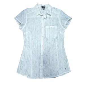 Eddie Bauer White Burnout Button Up Short Sleeve Blouse